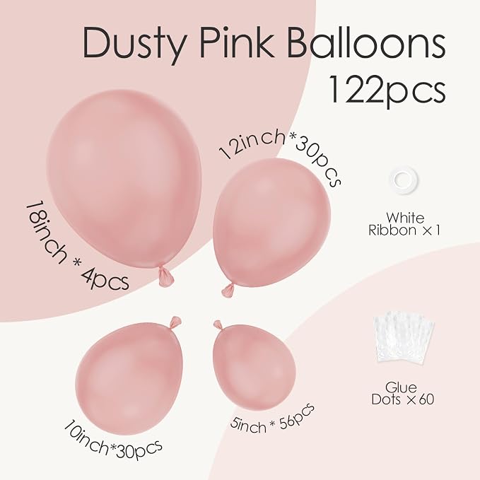 Awenztech 122pcs Dusty Pink Latex Balloons in 18 12 10 5 inches | Boho - Image 2