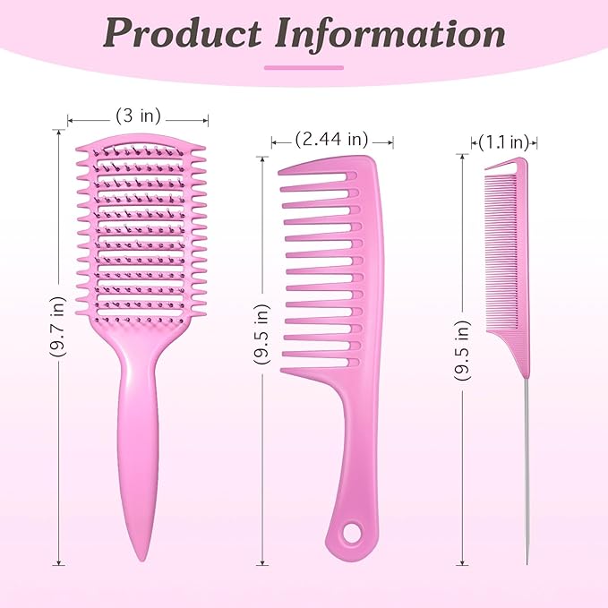 Curly Hair Brush & Curl Defining Brush – Easily Detangles Knots with Less Pulling – Styles Wet or Dry Hair, Tames Frizz for All Curl Types (Pink 3Pcs)