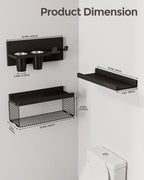 Puricon Floating Bathroom Shelves with Hair Dryer Holder, 3-Tier Rustic Wood Wall Mounted Organizers Set, Space Saving Over-Toilet Storage and Home Decor Hanging Rack -Black