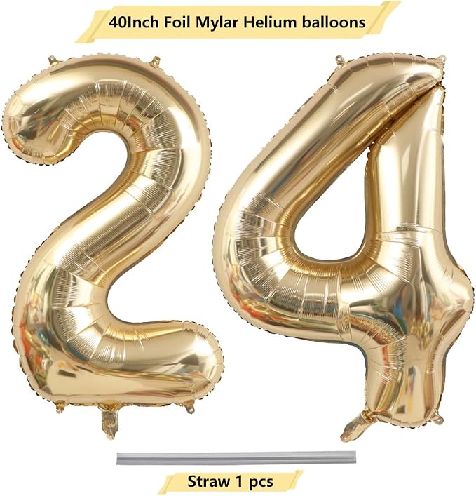 Light Gold Number 24 Balloon 40in White Gold 24 Foil Mylar Digital Balloon | - Image 4
