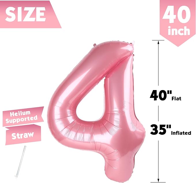 40 Inch Pastel Pink Number 4 Balloon, 4th Birthday Party Decorations | 40 Inch - Image 5