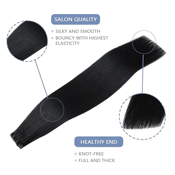 COOKAYU Invisible Tape in Human Hair Extensions, Tape in Extensions Jet Black 22Inch 50g 20pcs Injected Tape Human Hair Seamless Invisi Edge