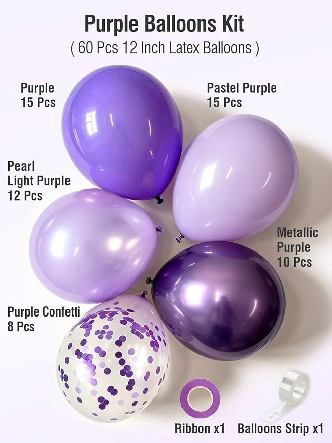 Purple Balloons 12 Inch 60 Pcs Metallic Pearl Light Purple Latex Confetti - Image 3
