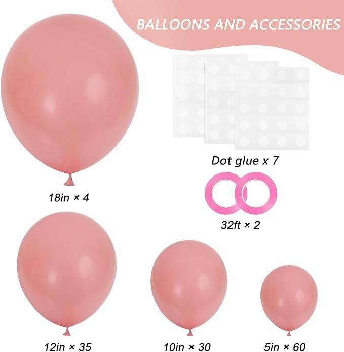 RUBFAC Pink Balloons Different Sizes Dusty Rose Balloon Arch Kit 129pcs | Latex - Image 2