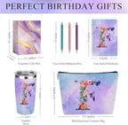Personalized Gifts Monogrammed Birthday Gifts for Women, Aunt Grandma Retirement Christmas Initial 20 oz Tumbler, Makeup Bag Cup Ballpoint Pens Journal Notebook 6 Set, (Aesthetic Purple Flower F)