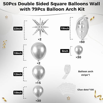 50pcs Metallic Silver Square Foil Balloons Wall Backdrop - Image 2
