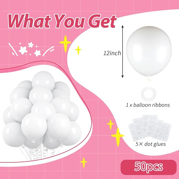 50pcs White Balloons, 12inch White Latex Party Balloon, Helium Quality | - Image 2