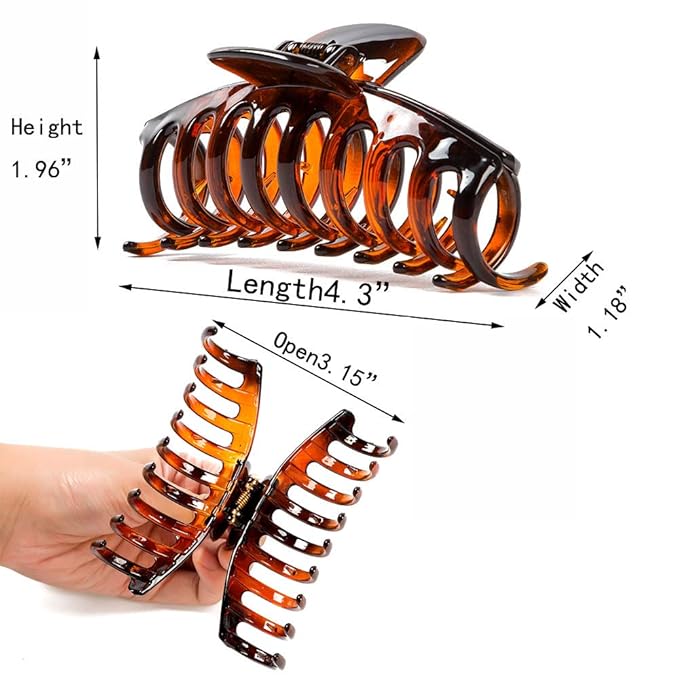 Polycarbonate Strong hold large hair claw clips for women thick hair, 3 counts in set of black/tortoise shell Brown/Clear resin big hair clips 4.3 inch in velvet gift bag (Plain)