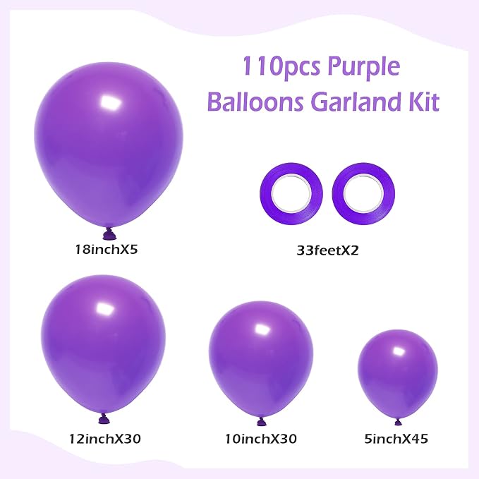FOTIOMRG 110pcs Purple Balloon Garland Arch Kit, 18 12 10 5 inch Purple Latex - Image 2