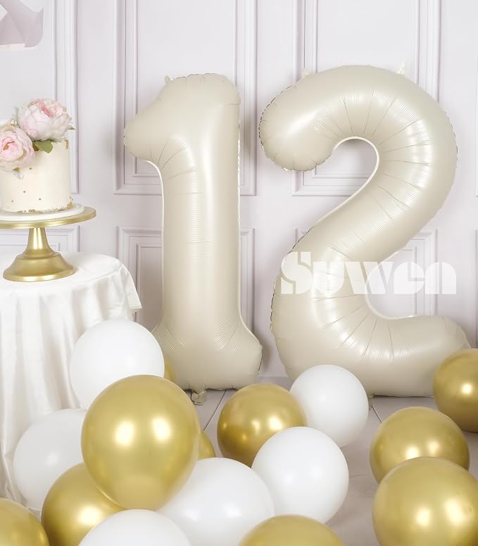SUWEN 40 Inch Cream White Large 12 Number Balloons Big Foil Helium Number - Image 2