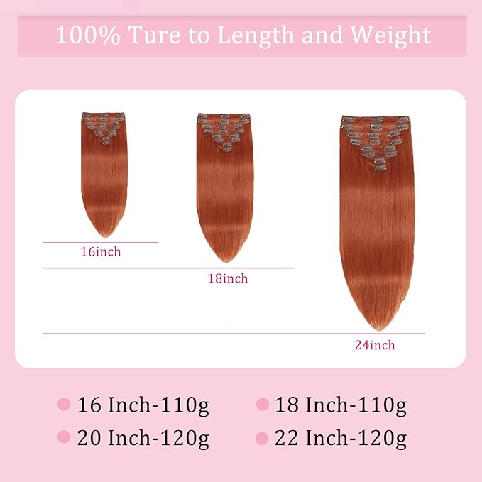20inch Clip in Hair Extensions Real Human Hair, 120g 8pcs Double Weft with 18clips Clip on Hair Extensions Smooth Human Extensions for Women Brazilian Remy Human Hair (#350 Copper)