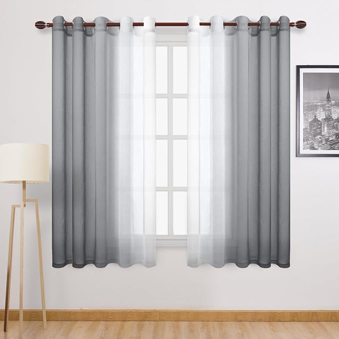 DWCN Grey Ombre Faux Linen Short Sheer Curtains by DWCN