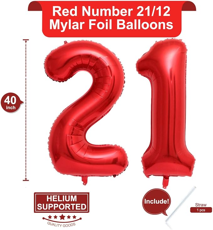 40 Inch Red Number 21 or 12 Balloons Giant 12 Balloons Red Birthday 21 Balloons - Image 2