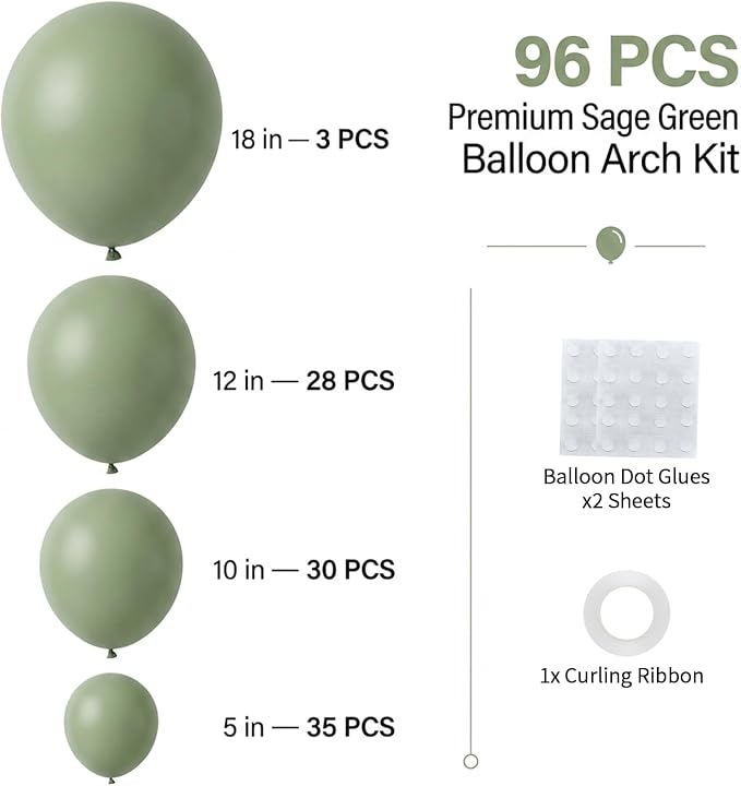 96Pcs 5/10/12/18 Inch Matte Sage Green Latex Balloon Garland Arch Kit | Olive - Image 2
