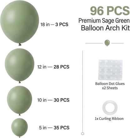 96Pcs 5/10/12/18 Inch Matte Sage Green Latex Balloon Garland Arch Kit | Olive - Image 2