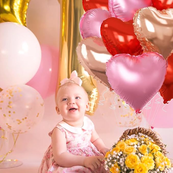 Rose Gold & Red Heart Balloons，18 Inch Light Pink Foil Love Heart Shaped - Image 6