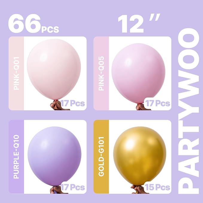 PartyWoo Pink Purple and Gold Balloons 66pcs Baby Pink Purple Gold Balloons | - Image 2
