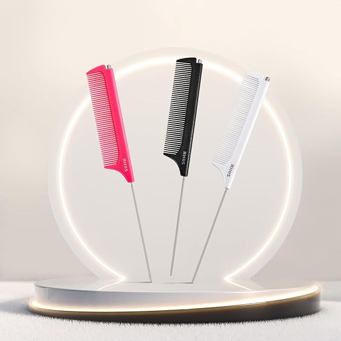 RHOS Retractable Fine Tooth Comb for Hair Parting, Styling, Cutting and Braiding - Carbon and Stainless Steel Pin Tail Comb (Pink)
