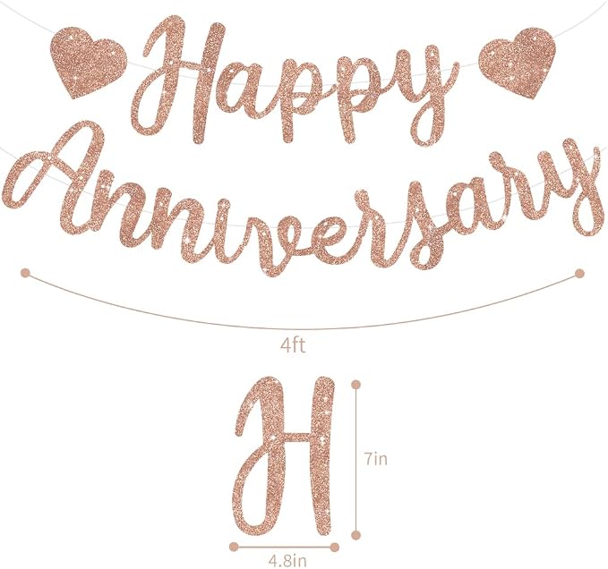 BEISHIDA Pre-Strung Rose Gold Happy Anniversary Banner Wedding Decor | Glitter - Image 2