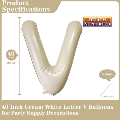 Cream White Letter V Balloons, 40 Inch Giant Foil Mylar Helium Balloons - Image 2