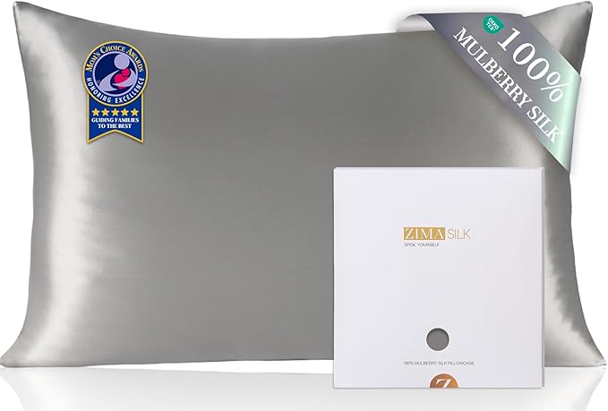 ZIMASILK 100% Pure Mulberry Silk Pillowcase for Hair and Skin Health,Soft and Smooth,Both Sides Premium Grade 6A Silk,600 Thread Count,with Hidden Zipper,1pc (King 20''x36'', Gray)