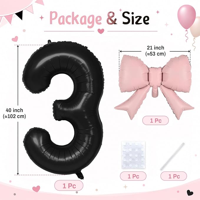 40 Inch Black Number 3 with Pink Bow Balloon, Giant Self Inflating Black Foil - Image 2