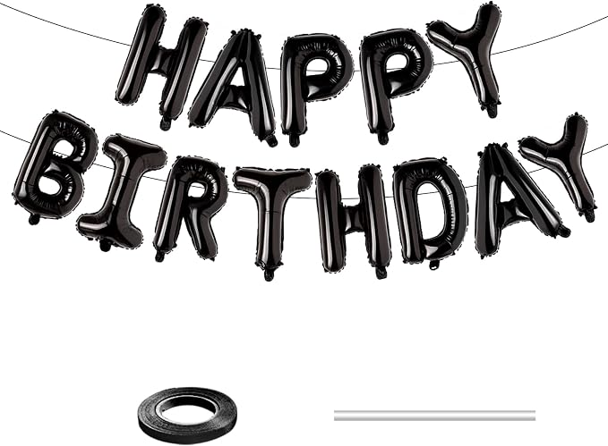 Black Happy Birthday Balloons Banner, 16 Inch Black Letters Aluminum Foil by BSRESIN