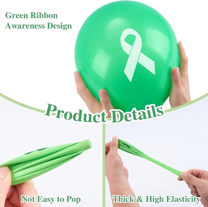 100 Pcs Mental Health Awareness Month Decorations, 12 Inch Green Ribbon Latex - Image 3