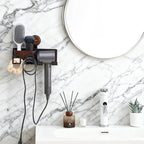 Hair Dryer Holder Wall Mount with Suction Cup, No-Drill Metal Blow Dryer Holder, Hair Accessories Tools Organizer Rack with 1 Toothbrush Hanger & Shelf, Walnut Finish for Bathroom