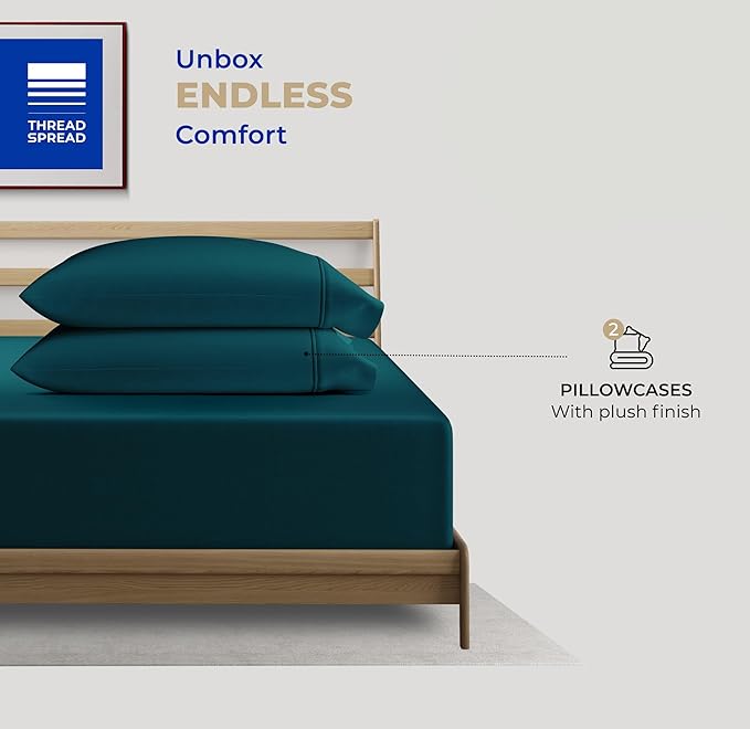 THREAD SPREAD 100% Cotton Pillowcases Standard/Queen Size Set of 2-400 Thread Count Cotton Pillowcases, Ultra Soft Cooling Sateen Weave Pillow Cases for Sleeping, Set of 2 Pillow Covers (Teal)