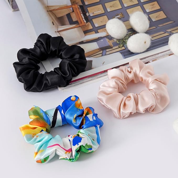19Momme Silk Scrunchie Thick Hair Ties for Curly Hair, No Slip Hair Bands for Women, Vintage Satin Hair Accessories (Blush Pink,Black,Azure Breeze‌)