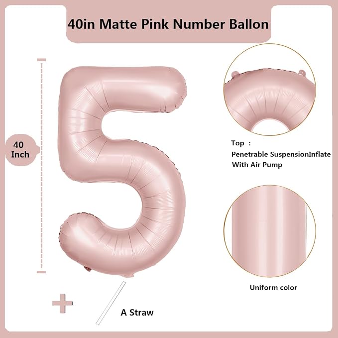 40 inch Pink Number Balloon Light Pink 5 Balloon Matte pink Number 5 Balloon - Image 2