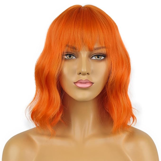 LANICE Short Bob Wigs with Bangs for Women Loose Wavy Hair Shoulder Length Orange Wigs Synthetic Colorful Wigs for Cosplay Daily PartyUse(Orange,12inch)