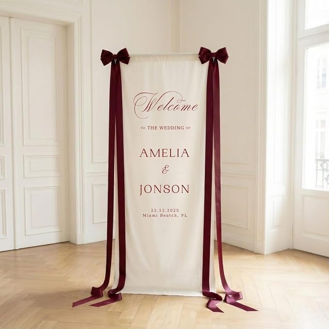 Personalized Wedding Welcome Banner Linen – Custom Names & Date, Elegant Fabric - Image 2