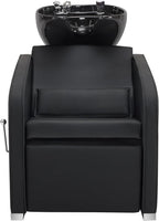 BarberPub Backwash Shampoo Station Chair, Adjustable Porcelain Ceramic Hair Wash Bowl Sink Unit Station, Reclining Shampoo Station Chair for Spa Beauty Salon Hair Salon Equipment 9303 (Black)