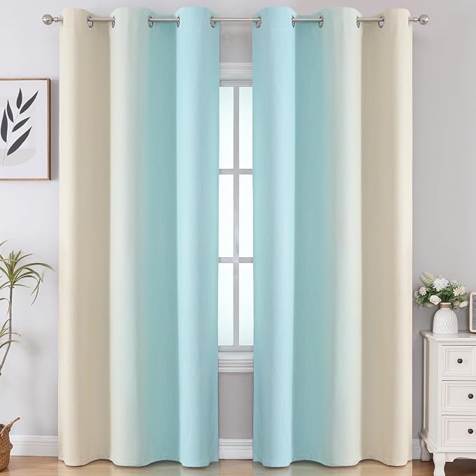 Aqua and Beige Room Darkening Blackout Curtains 84 Inch Length 2 Panels Set - Image 2