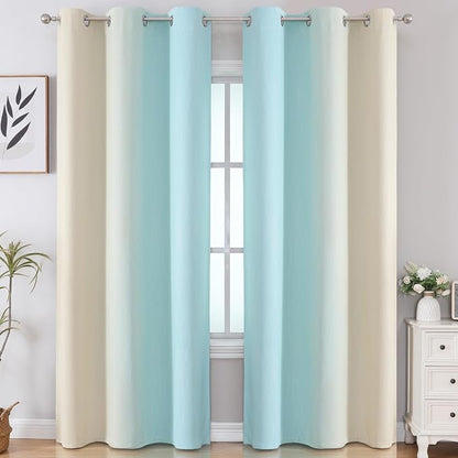 Aqua and Beige Room Darkening Blackout Curtains 84 Inch Length 2 Panels Set - Image 2