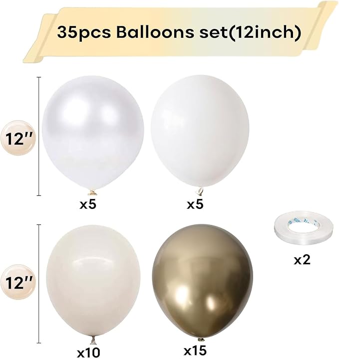 White and Gold Balloons, 12 Inch White Sand Gold Metallic Latex Balloons - Image 2
