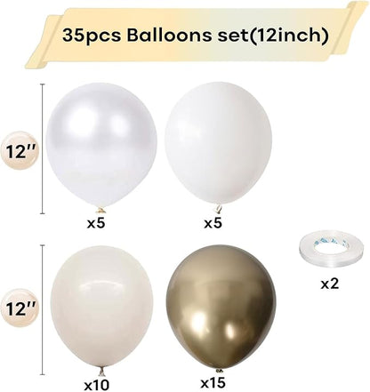 White and Gold Balloons, 12 Inch White Sand Gold Metallic Latex Balloons - Image 2