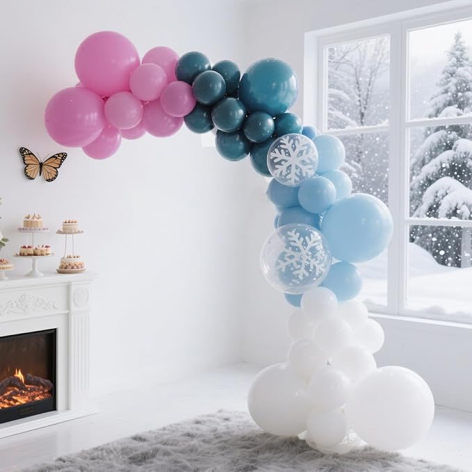 Pink and Blue Snowflake Balloons, 12 Inch Winter Wonderland Dusty Pink Light - Image 2