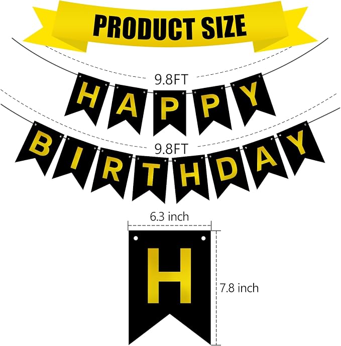 Pre-Strung Black and Gold Happy Birthday Banner Sign - Image 4