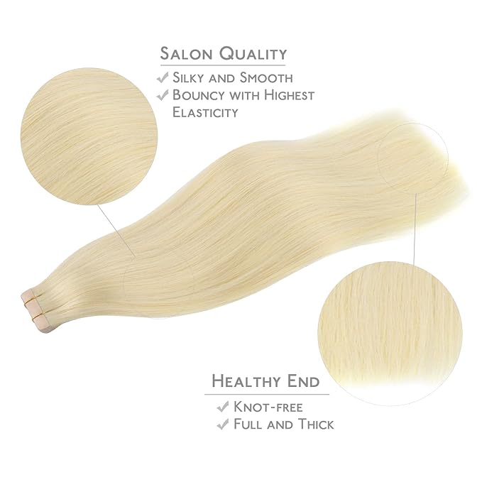 WENNALIFE Tape in Hair Extensions Human Hair, 20pcs 50g 16 inch Bleach Blonde Remy Hair Extensions Straight Human Hair Tape in Extensions Skin Weft Tape Extensions Human Hair