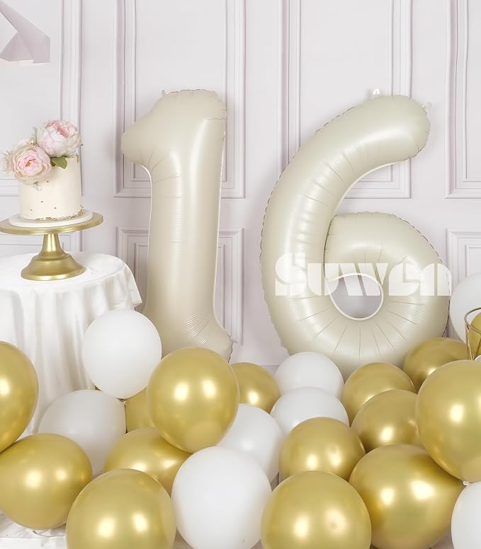 SUWEN 40 Inch Cream White Large 16 Number Balloons Big Foil Helium Number - Image 4