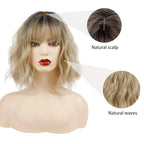 MISSQUEEN Short Blonde Wig with Bangs Synthetic Wavy Blonde Bob Wig Curly Heat Resistant Ombre Blonde Hair Wig for Women Daily Party Halloween Use
