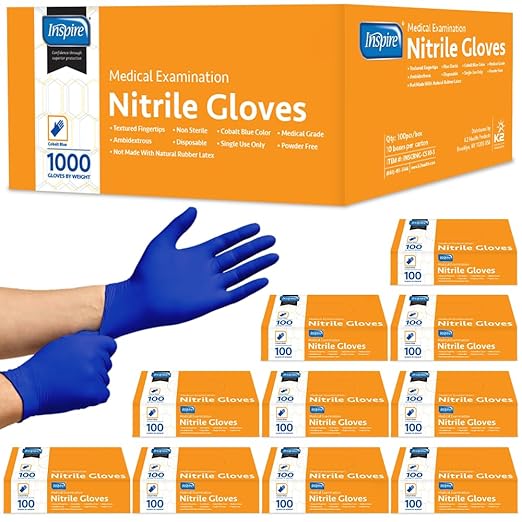 Inspire Black Nitrile Disposable Gloves | 4.5 Nitrile Safety Medical Exam Cooking Cleaning Disposable Black Gloves (Blue - Case of 1000, Small)