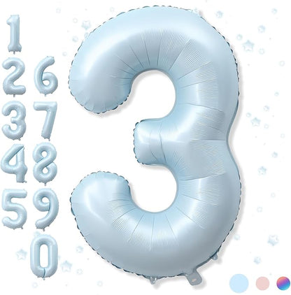 3rd Birthday Balloons for Boys, Pastel Sky Blue Large Mylar 3 Balloon Number by Froova