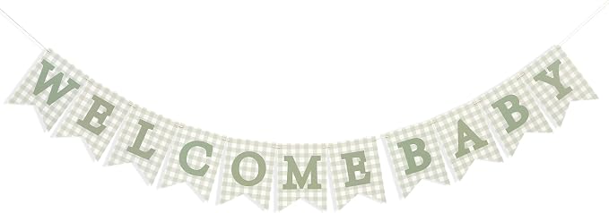 Sage Green Gingham Welcome Baby Shower Banner - Image 5