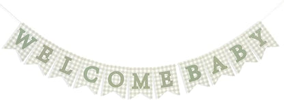 Sage Green Gingham Welcome Baby Shower Banner - Image 5