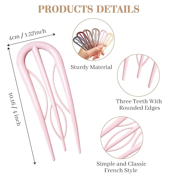 6 PCS French Hair Pins for Women - Large U-Shaped Hair Forks with Internal Teeth, Strong Hold for Thick & Thin Hair, Effortless French Twists, Updos, Buns & Chignons, Hairstyle Accessories