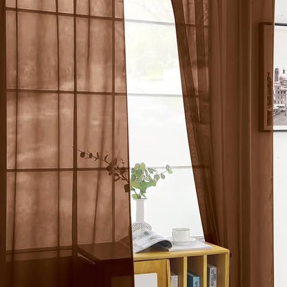 SpaceDresser Brown Sheer Curtains 4 Panels Rod Pocket Semi-Sheer Curtain 54 - Image 4